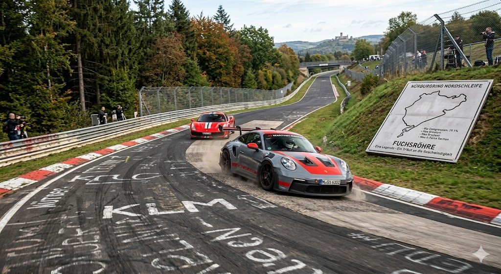 Fuchsröhre — Porsche 911 GT3 RS et Ferrari sur la section mythique