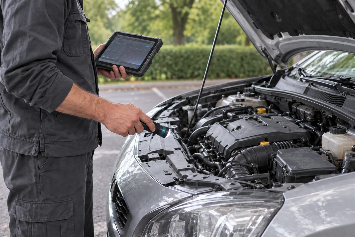 Technicien réalisant le diagnostic électronique d'une voiture d'occasion avant achat à Nantes