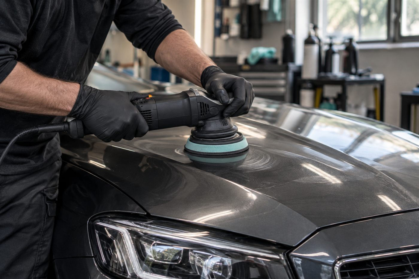 Polissage de la carrosserie d'un véhicule à la polisseuse orbitale, préparation esthétique à Nantes